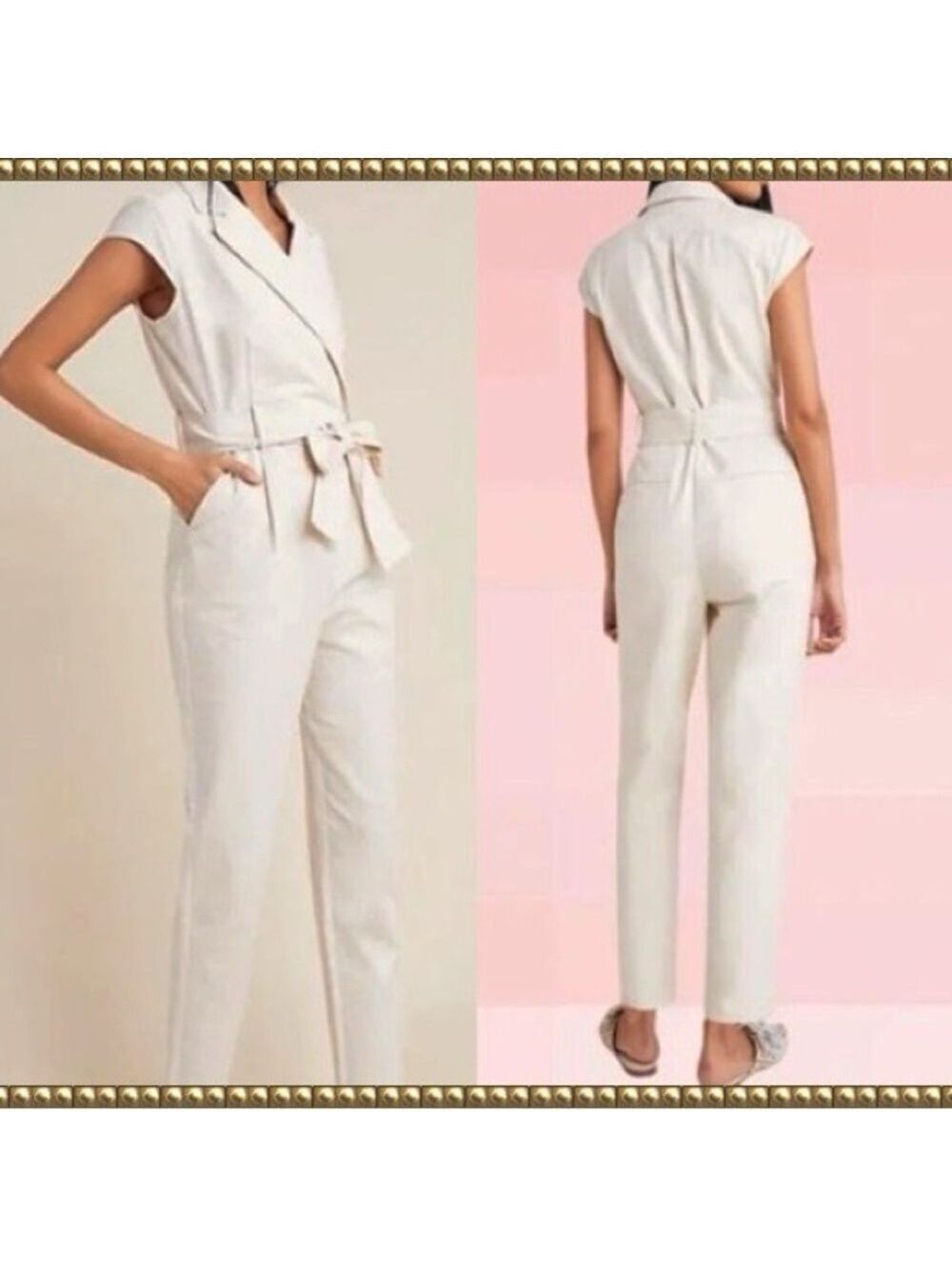 Anthropologie Eliza Jumpsuit Off White Cotton Elastane Size 2